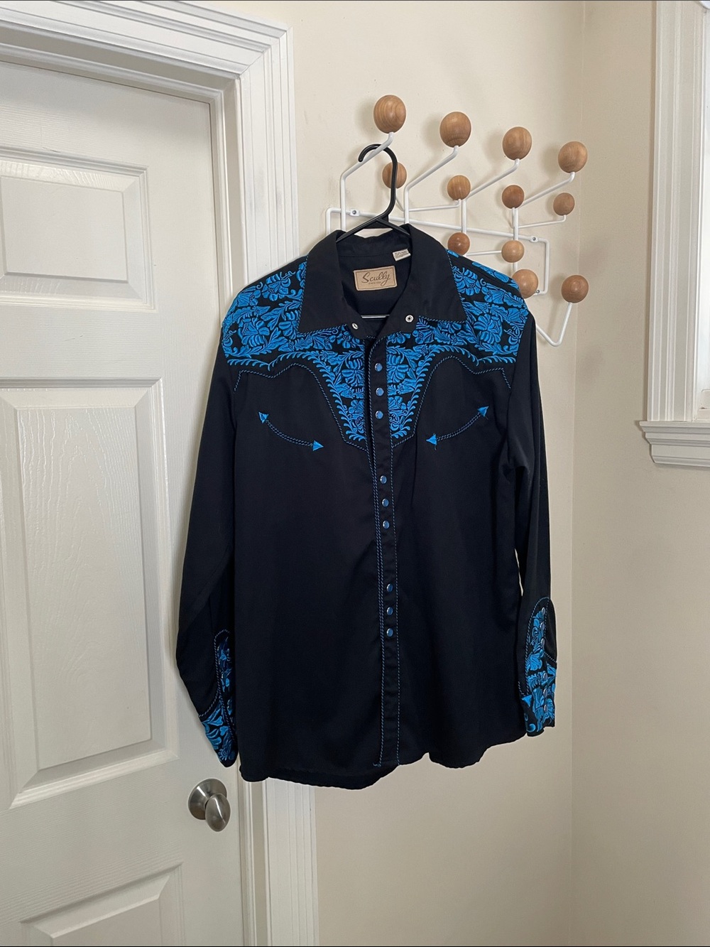Scully - Classic Pearl Snap Button Down Western Shirt Black Blue L